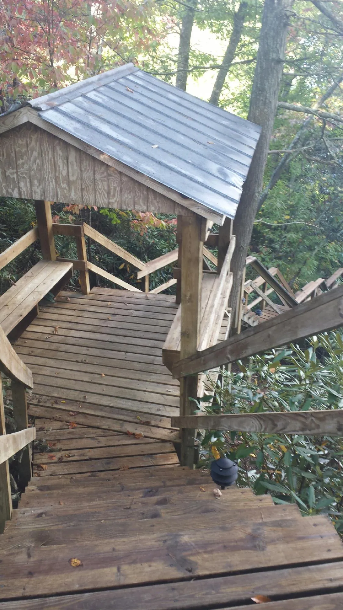 Metal roofed shelter over wooden steps on a wooded walkway — Skylight Repair & Installation work by our crew in Ponsford